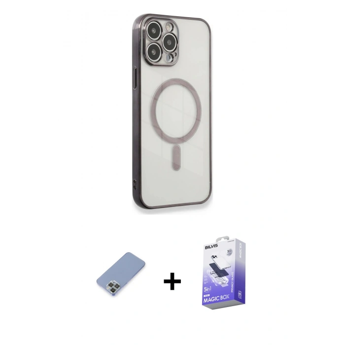 MARSİLYAN™- iPhone 13 Pro Max Kılıf Doruk Minimal - Siyah Bilvis 5in1 5D Magic Hayalet Cam Ekran Koruyucu + Koyu Yeşil Metal Kamera Lens Koruma Cam