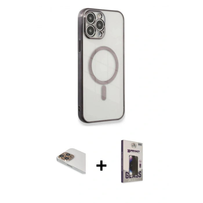 MARSİLYAN™- iPhone 13 Pro Max Kılıf Doruk Minimal - Siyah Bilvis Hayalet Cam Ekran Koruyucu + Pers Alüminyum Kamera Lens - GD