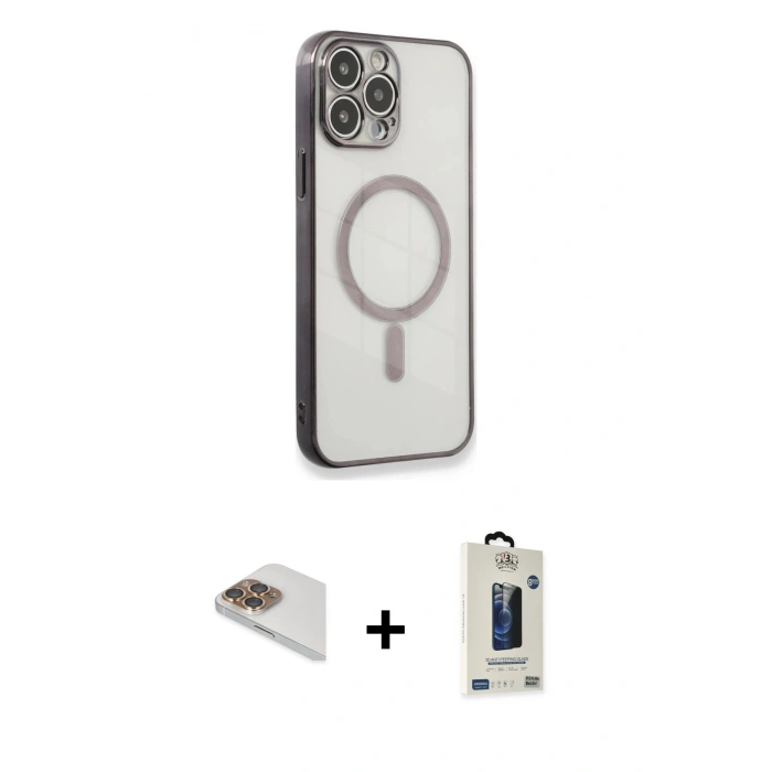 MARSİLYAN™- iPhone 13 Pro Max Kılıf Doruk Minimal - Siyah Bilvis Hayalet Cam Ekran Koruyucu + Pers Alüminyum Kamera Lens - GD
