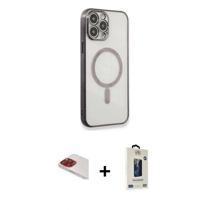 MARSİLYAN™- iPhone 13 Pro Max Kılıf Doruk Minimal - Siyah Bilvis Hayalet Cam Ekran Koruyucu + Pers Alüminyum Kamera Lens - KI
