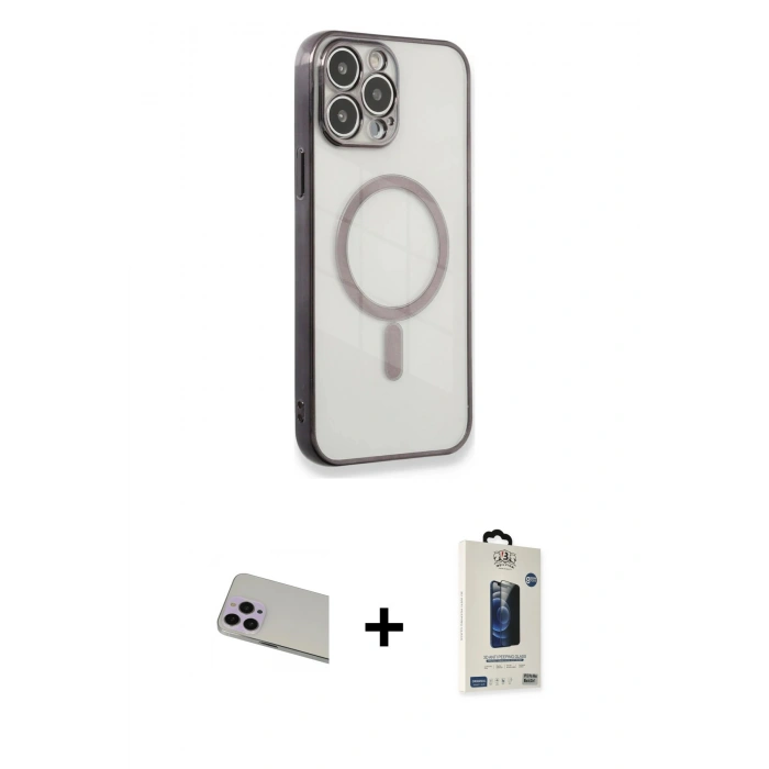 MARSİLYAN™- iPhone 13 Pro Max Kılıf Doruk Minimal - Siyah Bilvis Hayalet Cam Ekran Koruyucu + Rainbow Kamera Lens Koruma Cam - MR