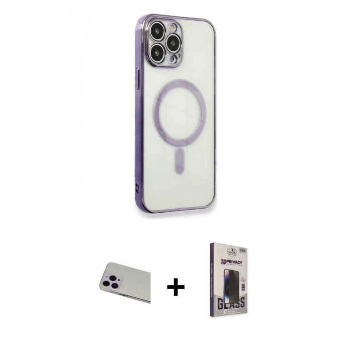 MARSİLYAN™- iPhone 13 Pro Max Kılıf Doruk Minimal - Siyah Bilvis Hayalet Cam Ekran Koruyucu + Rainbow Kamera Lens Koruma Cam - MR