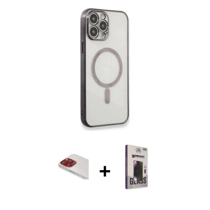 MARSİLYAN™- iPhone 13 Pro Max Kılıf Doruk Minimal - Siyah Bilvis Hayalet Cam Ekran Koruyucu + Pers Alüminyum Kamera Lens - KI