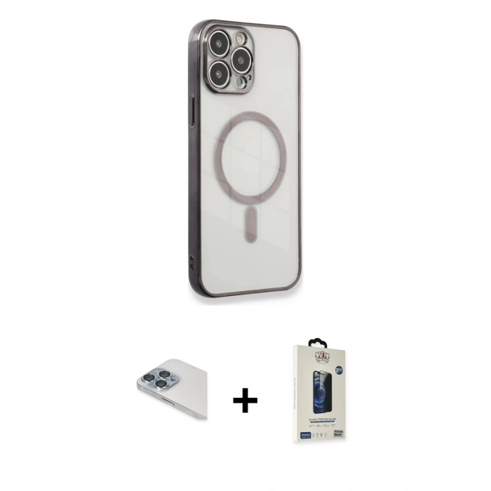 MARSİLYAN™- iPhone 13 Pro Max Kılıf Doruk Minimal - Siyah Bilvis Hayalet Cam Ekran Koruyucu + Pers Alüminyum Kamera Lens - SABE