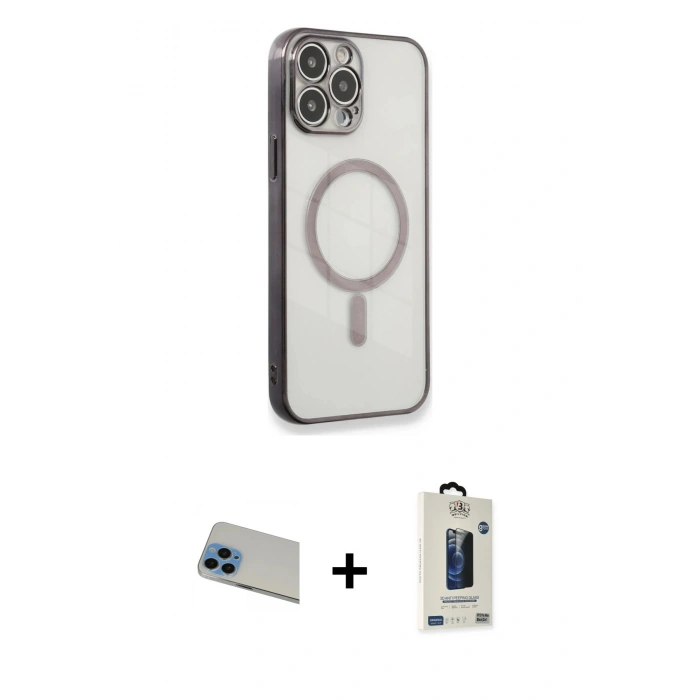 MARSİLYAN™- iPhone 13 Pro Max Kılıf Doruk Minimal - Siyah Bilvis Hayalet Cam Ekran Koruyucu + Rainbow Kamera Lens Koruma Cam - MI