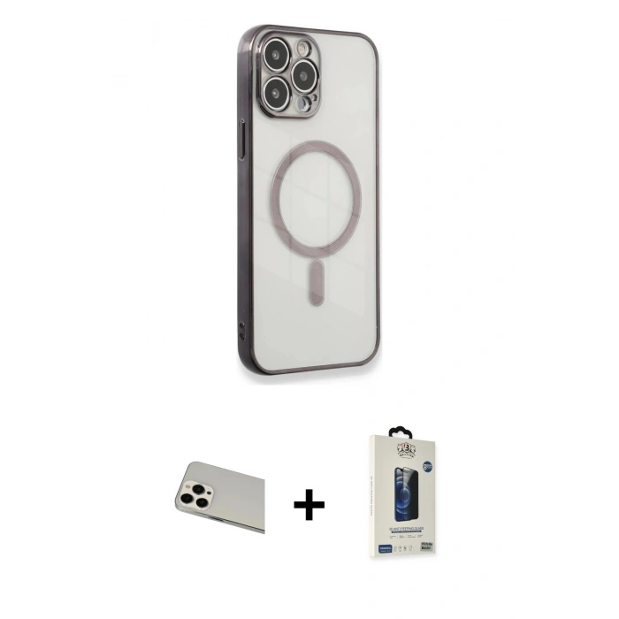 MARSİLYAN™- iPhone 13 Pro Max Kılıf Doruk Minimal - Siyah Bilvis Hayalet Cam Ekran Koruyucu + Rainbow Kamera Lens Koruma Cam - BZ