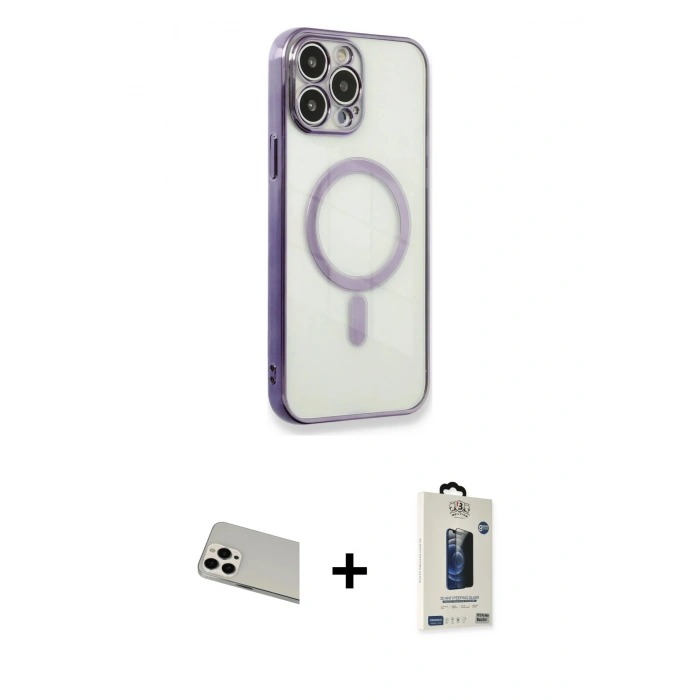 MARSİLYAN™- iPhone 13 Pro Max Kılıf Doruk Minimal - Siyah Bilvis Hayalet Cam Ekran Koruyucu + Rainbow Kamera Lens Koruma Cam - BZ