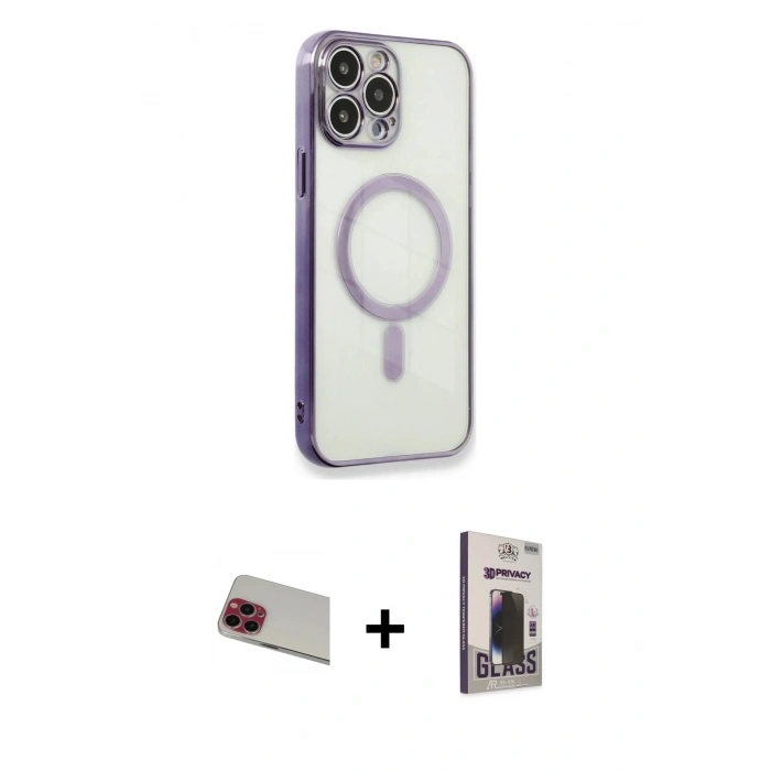 MARSİLYAN™- iPhone 13 Pro Max Kılıf Doruk Minimal - Siyah Bilvis Hayalet Cam Ekran Koruyucu + Rainbow Kamera Lens Koruma Cam - KI