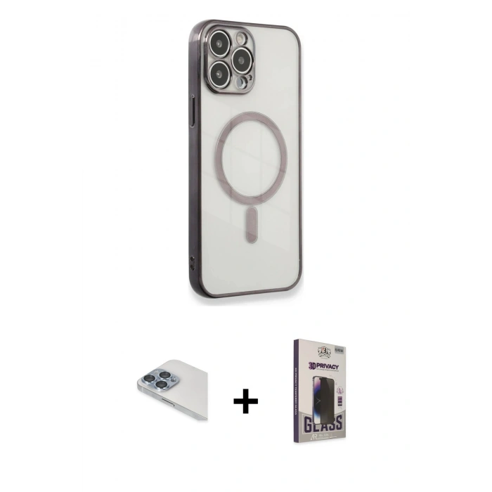 MARSİLYAN™- iPhone 13 Pro Max Kılıf Doruk Minimal - Siyah Bilvis Hayalet Cam Ekran Koruyucu + Pers Alüminyum Kamera Lens - SABE