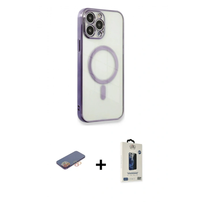 MARSİLYAN™- iPhone 13 Pro Max Kılıf Doruk Minimal - Siyah Bilvis Hayalet Cam Ekran Koruyucu + Renkli Kamera Lens Koruma Cam - TU