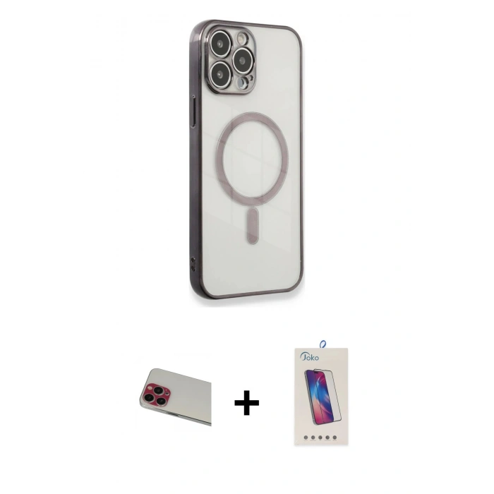 MARSİLYAN™- iPhone 13 Pro Max Kılıf Doruk Minimal - Siyah Joko 5D Cam + Kırmızı Rainbow Kamera Lens Koruma Cam