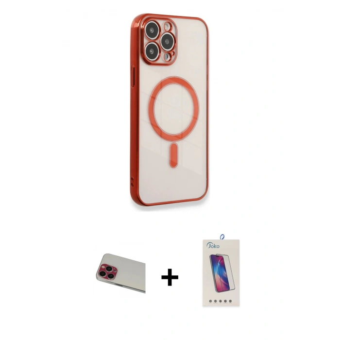 MARSİLYAN™- iPhone 13 Pro Max Kılıf Doruk Minimal - Siyah Joko 5D Cam + Kırmızı Rainbow Kamera Lens Koruma Cam