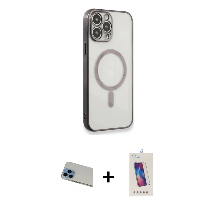 MARSİLYAN™- iPhone 13 Pro Max Kılıf Doruk Minimal - Siyah Joko 5D Cam + Rainbow Kamera Lens Koruma Cam - MI