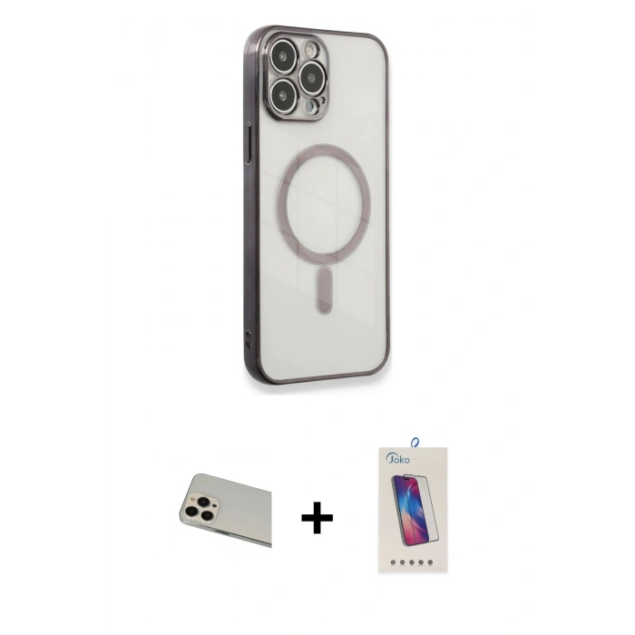 MARSİLYAN™- iPhone 13 Pro Max Kılıf Doruk Minimal - Siyah Joko 5D Cam + Rainbow Kamera Lens Koruma Cam - REGD
