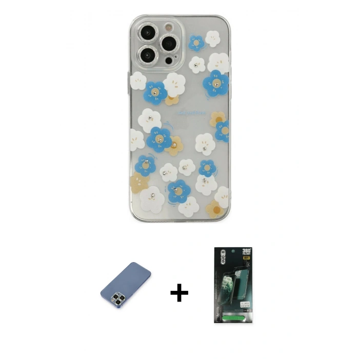 MARSİLYAN™- iPhone 13 Pro Max Kılıf Eksen Asil Prime - Şeffaf 360 Full Body Arka Koruyucu + Açık Yeşil Metal Kamera Lens Koruma Cam