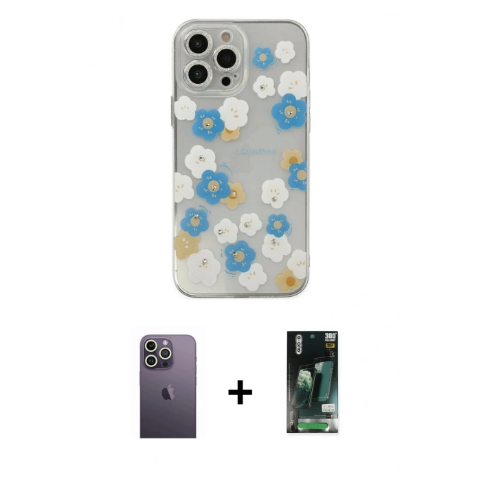 MARSİLYAN™- iPhone 13 Pro Max Kılıf Eksen Asil Prime - Şeffaf 360 Full Body Arka Koruyucu + Neon Fosforlu Kamera Lens - BZ