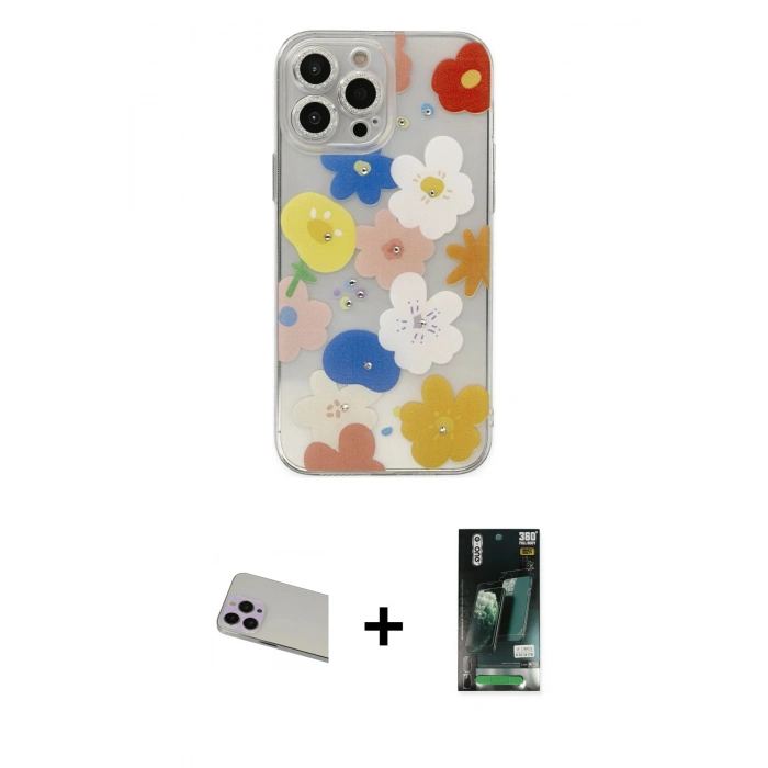 MARSİLYAN™- iPhone 13 Pro Max Kılıf Eksen Asil Prime - Şeffaf 360 Full Body Arka Koruyucu + Rainbow Kamera Lens Koruma Cam - MR