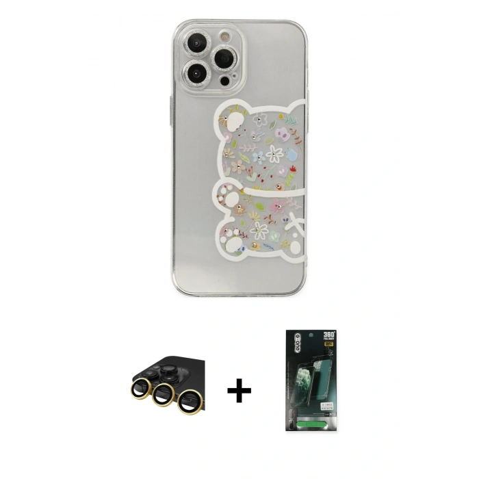 MARSİLYAN™- iPhone 13 Pro Max Kılıf Eksen Asil Prime - Şeffaf 360 Full Body Arka Koruyucu + Raze Metal Kamera Lens - GD
