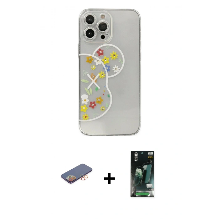 MARSİLYAN™- iPhone 13 Pro Max Kılıf Eksen Asil Prime - Şeffaf 360 Full Body Arka Koruyucu + Renkli Kamera Lens Koruma Cam - TU