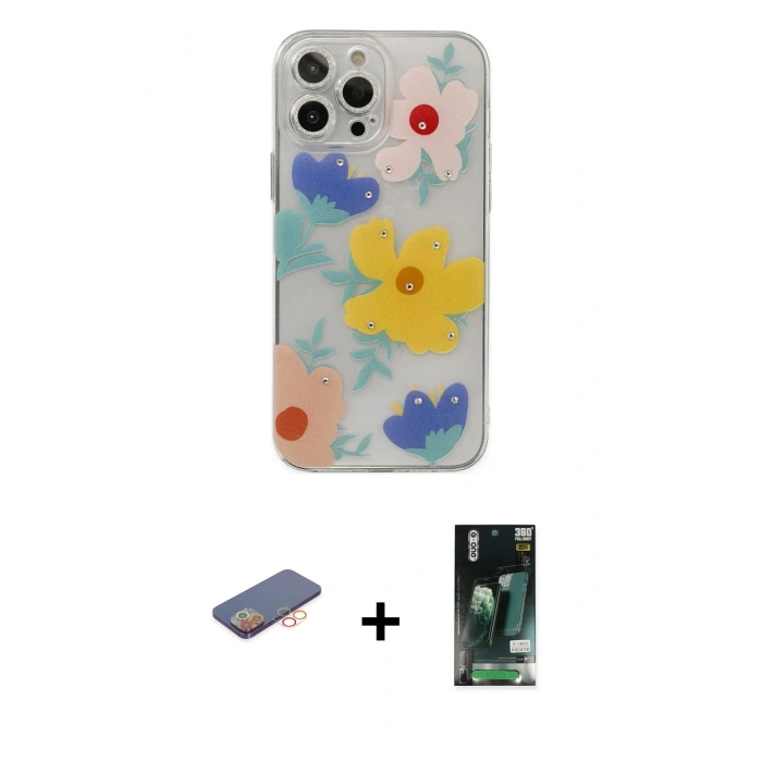 MARSİLYAN™- iPhone 13 Pro Max Kılıf Eksen Asil Prime - Şeffaf 360 Full Body Arka Koruyucu + Renkli Kamera Lens Koruma Cam - TU