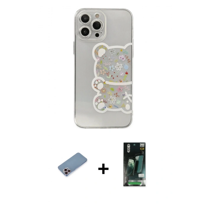 MARSİLYAN™- iPhone 13 Pro Max Kılıf Eksen Asil Prime - Şeffaf 360 Full Body Arka Koruyucu + Shine Kamera Lens Koruma Cam - PE