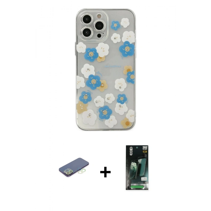MARSİLYAN™- iPhone 13 Pro Max Kılıf Eksen Asil Prime - Şeffaf 360 Full Body Arka Koruyucu + Renkli Kamera Lens Koruma Cam - YL