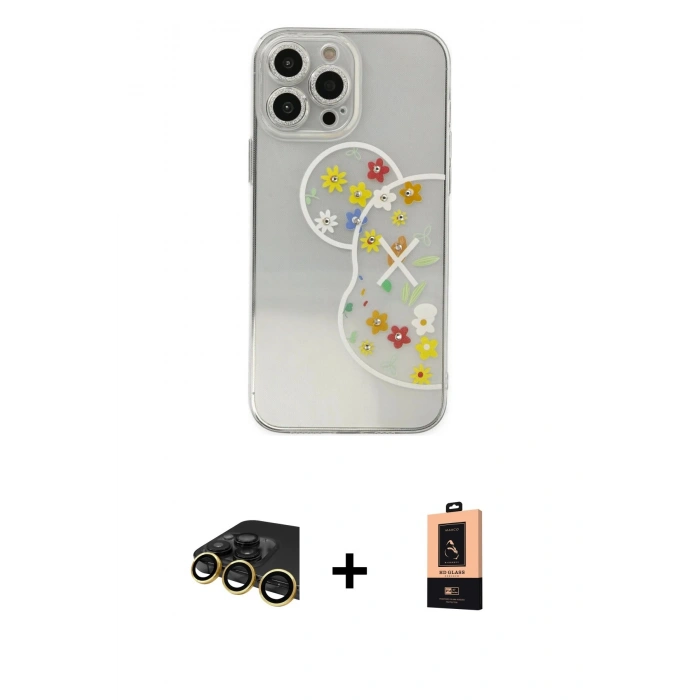 MARSİLYAN™- iPhone 13 Pro Max Kılıf Eksen Asil Prime - Şeffaf Maxco Cam Ekran Koruyucu + Gold Raze Metal Kamera Lens