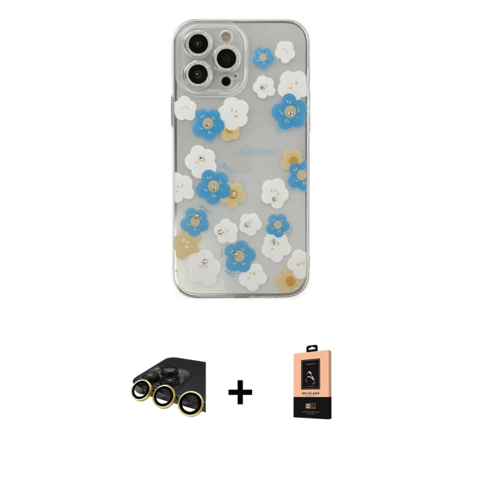 MARSİLYAN™- iPhone 13 Pro Max Kılıf Eksen Asil Prime - Şeffaf Maxco Cam Ekran Koruyucu + Gold Raze Metal Kamera Lens