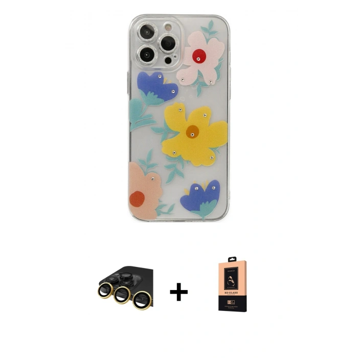 MARSİLYAN™- iPhone 13 Pro Max Kılıf Eksen Asil Prime - Şeffaf Maxco Cam Ekran Koruyucu + Gold Raze Metal Kamera Lens