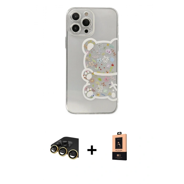 MARSİLYAN™- iPhone 13 Pro Max Kılıf Eksen Asil Prime - Şeffaf Maxco Cam Ekran Koruyucu + Gold Raze Metal Kamera Lens
