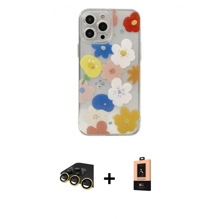 MARSİLYAN™- iPhone 13 Pro Max Kılıf Eksen Asil Prime - Şeffaf Maxco Cam Ekran Koruyucu + Gold Raze Metal Kamera Lens