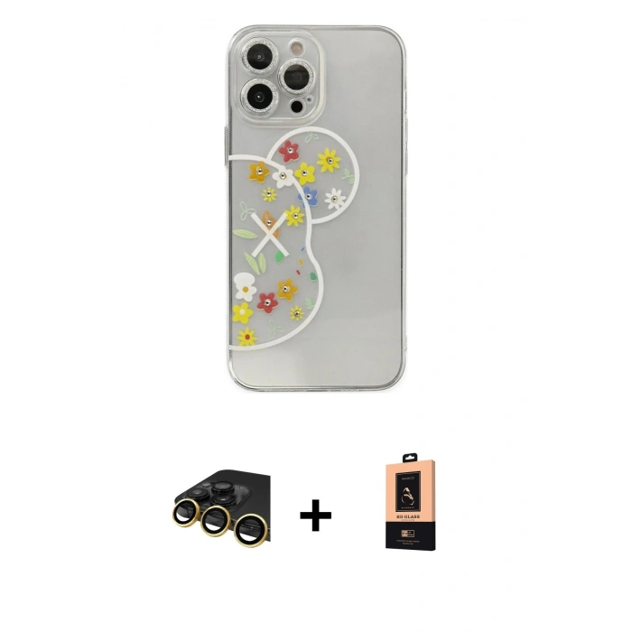 MARSİLYAN™- iPhone 13 Pro Max Kılıf Eksen Asil Prime - Şeffaf Maxco Cam Ekran Koruyucu + Gold Raze Metal Kamera Lens