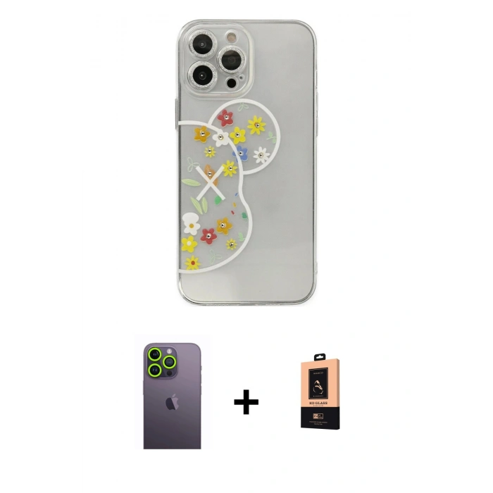 MARSİLYAN™- iPhone 13 Pro Max Kılıf Eksen Asil Prime - Şeffaf Maxco Cam Ekran Koruyucu + Neon Fosforlu Kamera Lens - YL