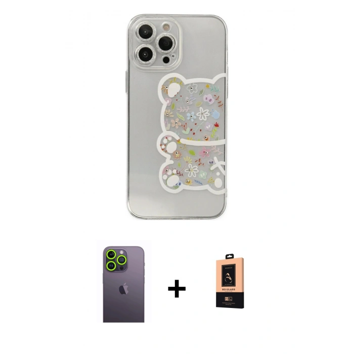 MARSİLYAN™- iPhone 13 Pro Max Kılıf Eksen Asil Prime - Şeffaf Maxco Cam Ekran Koruyucu + Neon Fosforlu Kamera Lens - YL