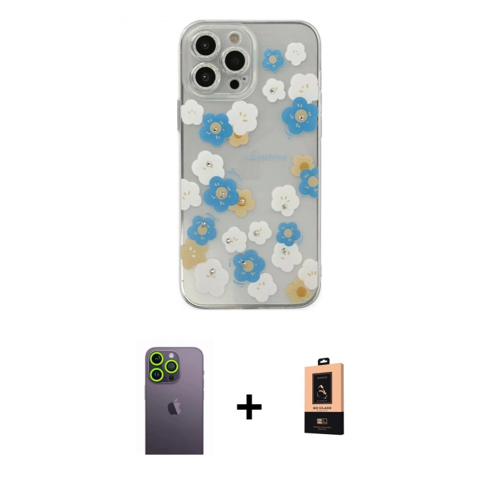 MARSİLYAN™- iPhone 13 Pro Max Kılıf Eksen Asil Prime - Şeffaf Maxco Cam Ekran Koruyucu + Neon Fosforlu Kamera Lens - YL