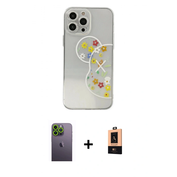 MARSİLYAN™- iPhone 13 Pro Max Kılıf Eksen Asil Prime - Şeffaf Maxco Cam Ekran Koruyucu + Neon Fosforlu Kamera Lens - YL