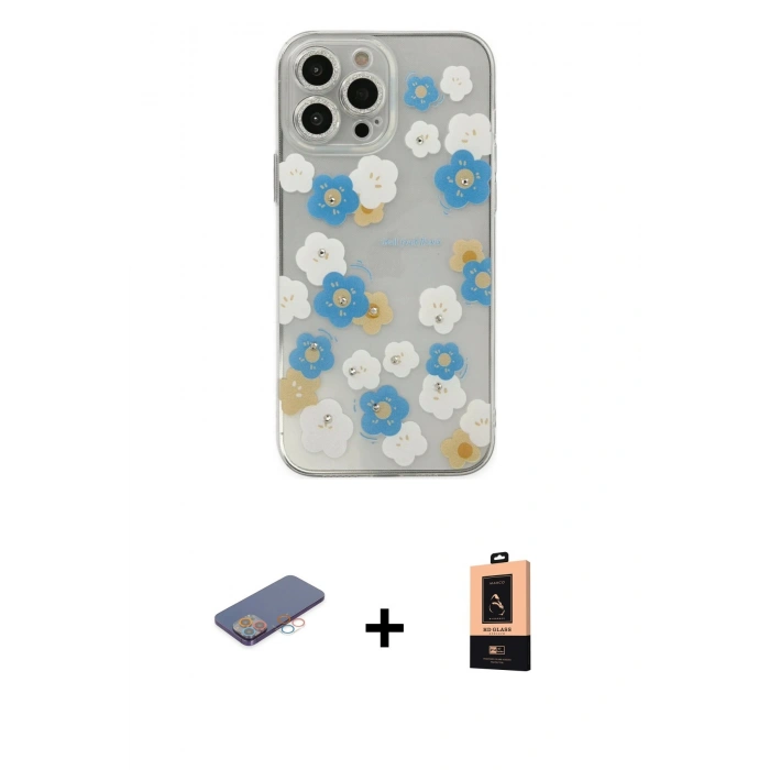 MARSİLYAN™- iPhone 13 Pro Max Kılıf Eksen Asil Prime - Şeffaf Maxco Cam Ekran Koruyucu + Renkli Kamera Lens Koruma Cam - PE
