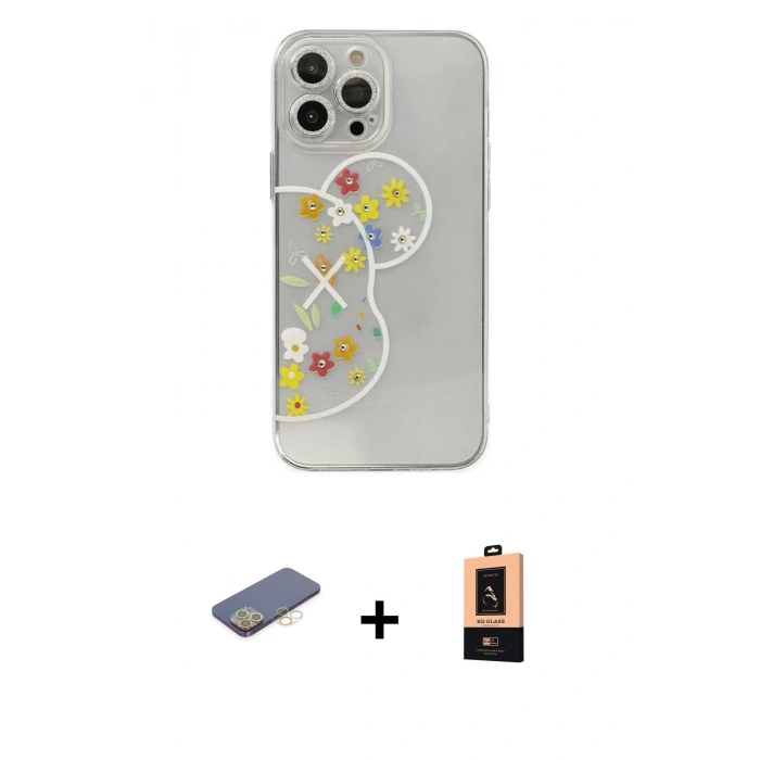 MARSİLYAN™- iPhone 13 Pro Max Kılıf Eksen Asil Prime - Şeffaf Maxco Cam Ekran Koruyucu + Renkli Kamera Lens Koruma Cam - SI