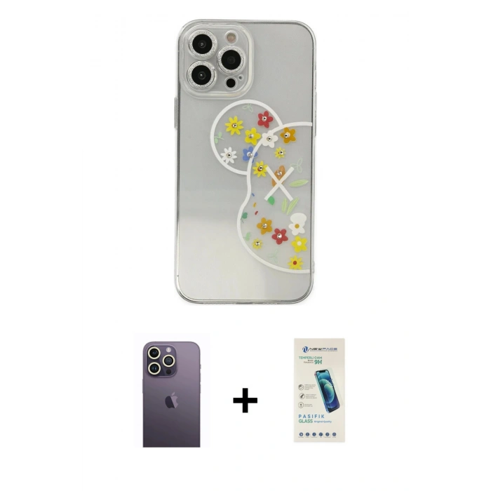 MARSİLYAN™- iPhone 13 Pro Max Kılıf Eksen Asil Prime - Şeffaf Pasifik Cam Ekran Koruyucu + Neon Fosforlu Kamera Lens - BZ