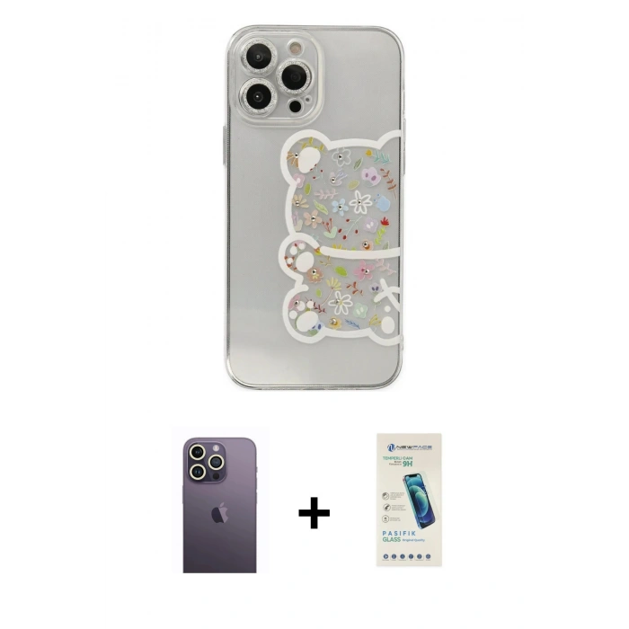 MARSİLYAN™- iPhone 13 Pro Max Kılıf Eksen Asil Prime - Şeffaf Pasifik Cam Ekran Koruyucu + Neon Fosforlu Kamera Lens - BZ