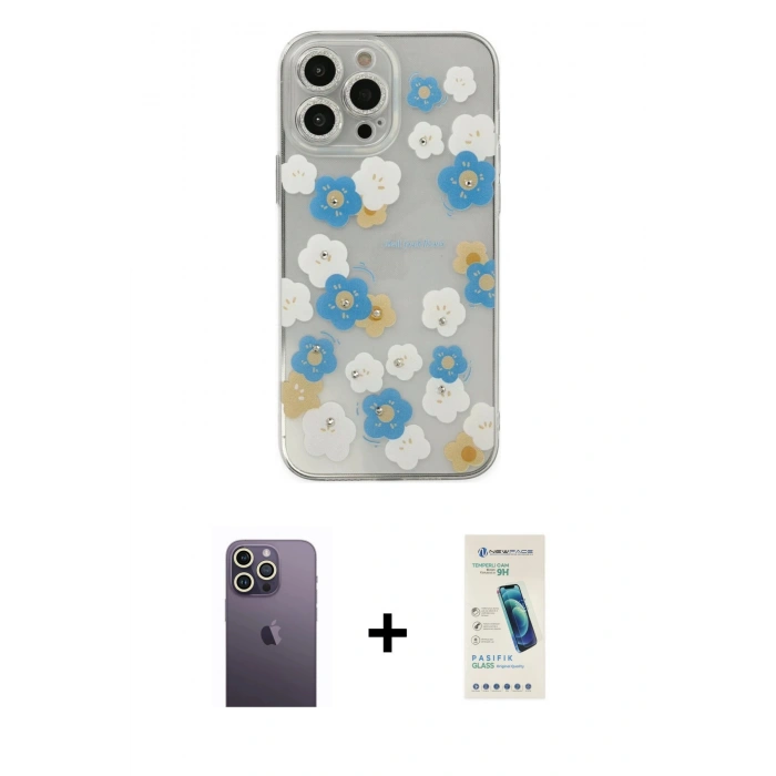 MARSİLYAN™- iPhone 13 Pro Max Kılıf Eksen Asil Prime - Şeffaf Pasifik Cam Ekran Koruyucu + Neon Fosforlu Kamera Lens - BZ