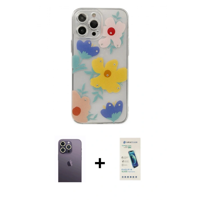 MARSİLYAN™- iPhone 13 Pro Max Kılıf Eksen Asil Prime - Şeffaf Pasifik Cam Ekran Koruyucu + Neon Fosforlu Kamera Lens - BZ