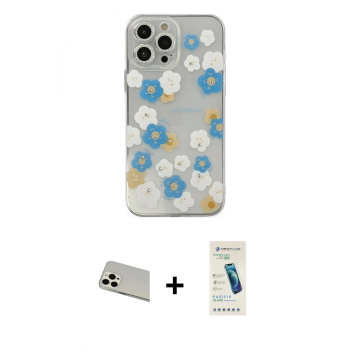 MARSİLYAN™- iPhone 13 Pro Max Kılıf Eksen Asil Prime - Şeffaf Pasifik Cam Ekran Koruyucu + Rainbow Kamera Lens Koruma Cam - BZ