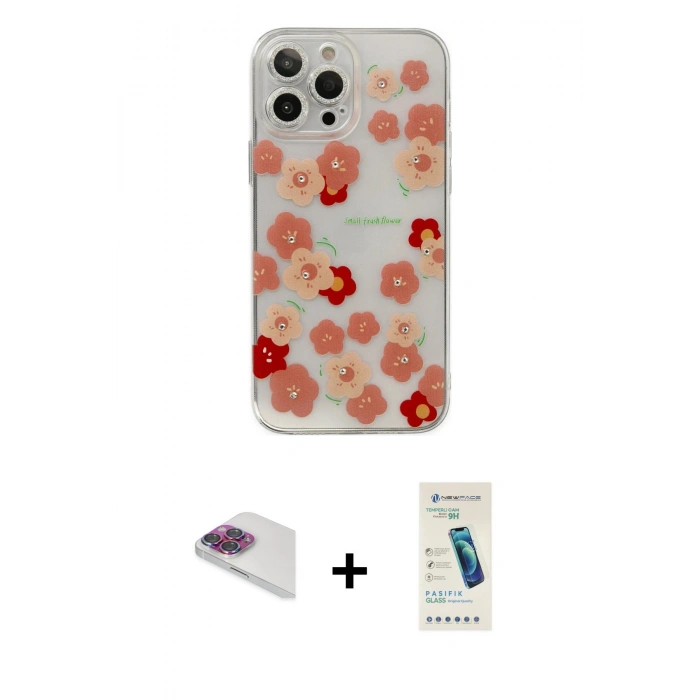 MARSİLYAN™- iPhone 13 Pro Max Kılıf Eksen Asil Prime - Şeffaf Pasifik Cam Ekran Koruyucu + Gökkuşağı Pers Alüminyum Kamera Lens