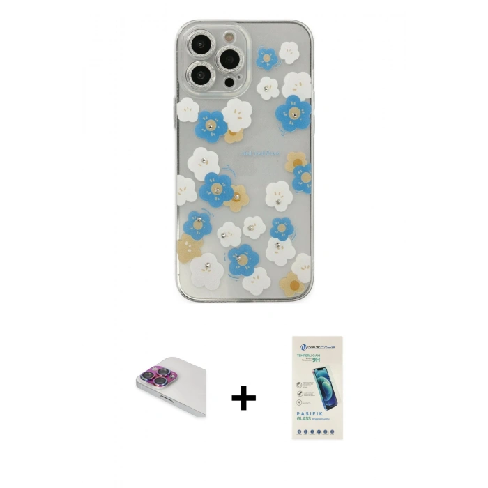 MARSİLYAN™- iPhone 13 Pro Max Kılıf Eksen Asil Prime - Şeffaf Pasifik Cam Ekran Koruyucu + Gökkuşağı Pers Alüminyum Kamera Lens