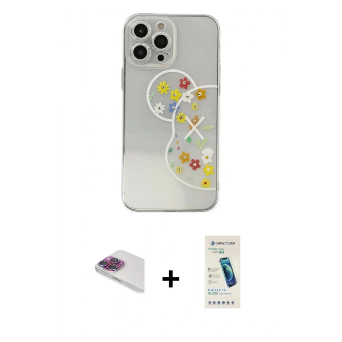 MARSİLYAN™- iPhone 13 Pro Max Kılıf Eksen Asil Prime - Şeffaf Pasifik Cam Ekran Koruyucu + Gökkuşağı Pers Alüminyum Kamera Lens