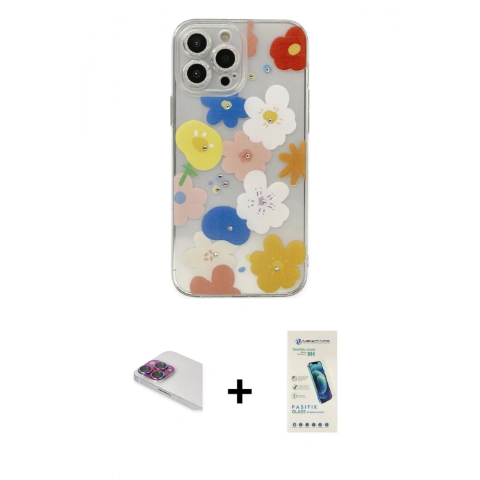 MARSİLYAN™- iPhone 13 Pro Max Kılıf Eksen Asil Prime - Şeffaf Pasifik Cam Ekran Koruyucu + Gökkuşağı Pers Alüminyum Kamera Lens