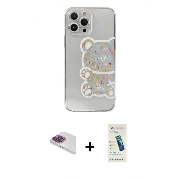 MARSİLYAN™- iPhone 13 Pro Max Kılıf Eksen Asil Prime - Şeffaf Pasifik Cam Ekran Koruyucu + Gökkuşağı Pers Alüminyum Kamera Lens