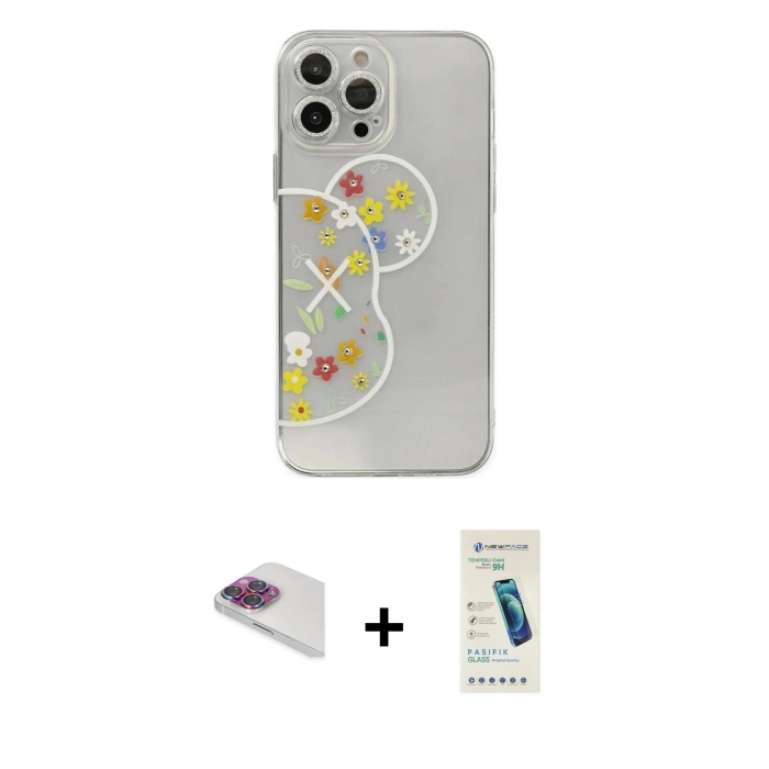 MARSİLYAN™- iPhone 13 Pro Max Kılıf Eksen Asil Prime - Şeffaf Pasifik Cam Ekran Koruyucu + Gökkuşağı Pers Alüminyum Kamera Lens