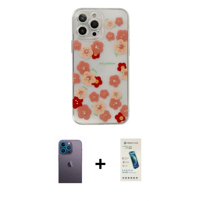 MARSİLYAN™- iPhone 13 Pro Max Kılıf Eksen Asil Prime - Şeffaf Pasifik Cam Ekran Koruyucu + Neon Fosforlu Kamera Lens - MI